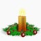Burning golden candle and pine branches with cones, Christmas balls, serpentine for banners, posters, greeting cards