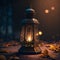 Burning golden lantern, around autumn leaves, bokeh effect. Lantern as a symbol of Ramadan for Muslims
