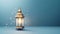 Burning golden lantern on the left on a blue background. Lantern as a symbol of Ramadan for Muslims, banner with space for your