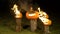 Burning halloween pumpkins on tree log in darkness, field, mist, dusk. Scary funny angry big orange pumpkin exhales fire