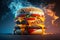 Burning hamburger cheeseburger closeup. Generative AI