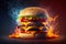 Burning hamburger cheeseburger closeup. Generative AI