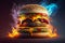 Burning hamburger cheeseburger closeup. Generative AI