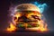 Burning hamburger cheeseburger closeup. Generative AI