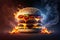 Burning hamburger cheeseburger closeup. Generative AI