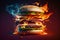 Burning hamburger cheeseburger closeup. Generative AI