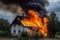 Burning house in the countryside. Fire in the old house. A house is on fire, AI Generated