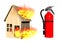 Burning house  with fire extinguisher