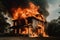 Burning house. Fire in the house. Burned house. A house is on fire, AI Generated