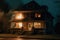 Burning house in the night. Residential house in fire. Generative AI