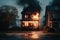 Burning house in the night. Residential house in fire. Generative AI