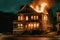 Burning house in the night. Residential house in fire. Generative AI