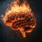 burning human brain on fire with flames on black background