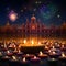 Burning hundreds of small candles against the backdrop of a Hindu, temple and fireworks shooting in the night sky. Diwali, the