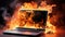 Burning laptop and keyboard, equipment fire due to faulty battery and wiring. Laptop Computer setting the world on fire.