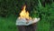 Burning leather sports shoes. Sneakers or gym shoes on fire stand on the Stump.