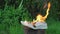 Burning leather sports shoes. Sneakers or gym shoes on fire stand on the Stump.