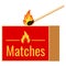 Burning match and matchbox flat design icon isolated on white background.