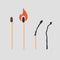 Burning match stages set. Matchstick with sulfur, burning and burned. Colorful flat vector illustration collection.