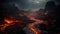 Burning mountain, dark forest, glowing sky nature inferno generated by AI