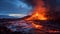 Burning mountain erupts, smoke fills sky, nature destructive inferno generated by AI