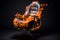 Burning office chair on black background. Burnout syndrome, deadline, burnout at work concept. Armchair on fire as a symbol of