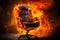 Burning office chair on black background. Burnout syndrome, deadline, burnout at work concept. Armchair on fire as a symbol of