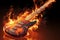 Burning orange bass guitar, diagonal position, fiery flames, musical intensity