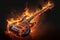 Burning orange bass guitar, diagonal position, fiery flames, musical intensity
