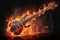 Burning orange bass guitar, diagonal position, fiery flames, musical intensity