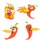 Burning pepper character. Cartoon funny hot chilli peppers, burn chilly characters different chili fire-breathing