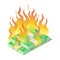 Burning pile of american dollars, banknotes, money lost concept