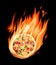 Burning pizza ingredients in flames on the black background