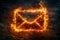 A burning postal envelope on a black background. Illustration