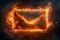 A burning postal envelope on a black background. Illustration