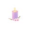 Burning purple candle with a branch and flowers isolated on white background.