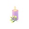 Burning purple candle with a green twig isolated on white background.