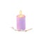 Burning purple candle with willow twig isolated on white background.