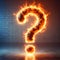 Burning question mark fire flames on room brick background