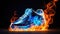 Burning shoes. Sneakers or gym shoes on fire. burnout from physical exertion, training