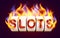 Burning slot machine wins wins the jackpot. Fire casino concept. Hot 777