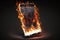 Burning smartphone. Mobile phone in fire. Smartphone explosion, blow up cellphone battery or explosive mobile phone