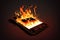 Burning smartphone. Mobile phone in fire. Smartphone explosion, blow up cellphone battery or explosive mobile phone