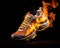 burning sport shoe on a black background.