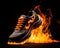 burning sport shoe on a black background.