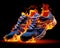 burning sport shoe with red and blue flames under the sole.