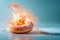 Burning sweet donut, doughnut on fire. Hot baked roll in flames, junk food, burning calories, weight loss and healthy diet concept