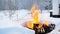 Burning things in nature in winter. Clip. Controlled fire in the forest in winter