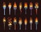 Burning torch light. Game asset tools stick burning flame exact vector illustrations set