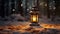 Burning vintage lantern in winter night forest